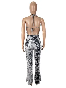 Vue arrière détaillée d'un ensemble haut dos nu en mesh et pantalon à imprimé zèbre