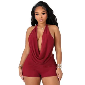 Sexy wine red two-piece set with halter cowl neck top and matching mesh summer shorts.