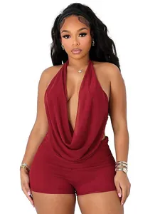 Sexy burgundy mesh two-piece set featuring a halter neck and deep draped front neckline