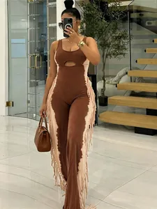 Fashionable women's color-block sleeveless jumpsuit featuring side fringe and chest cutout
