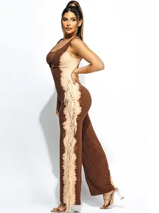 Stylish sleeveless brown and beige tie-dye jumpsuit featuring fringe details and wide leg cut