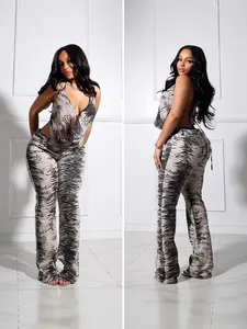 Ensemble deux pièces pour femme avec haut en mesh imprimé zèbre dos nu et pantalon