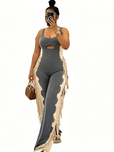 Women's stylish colorblock jumpsuit featuring fringe detail and front cutout design
