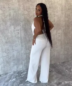Ensemble deux pièces sexy blanc dos nu avec pantalon large et détails en maille pour femme