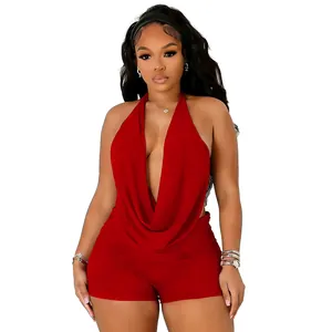 Detail view of red sexy halter neck draped collar two-piece set for women