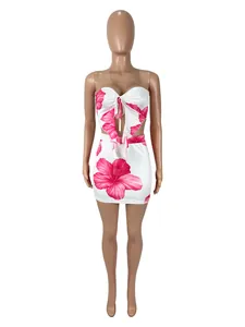 Ensemble deux pièces sexy à imprimé floral hibiscus rose avec haut noué et mini-jupe