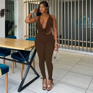 Detail showing sexy brown halter cowl neck top and lace-up leggings matching set
