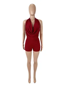 Sexy red halter cowl neck backless top and matching shorts two-piece set on mannequin