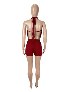 Detailed back view of the sexy wine red halter backless mesh two-piece set for women.