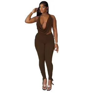 Detailed view of the chocolate brown halter cowl neck top and drawstring trouser set