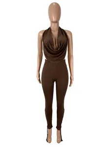 Two-piece set with sexy halter cowl neck top and drawstring hem leggings in dark brown.