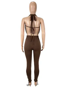 Back view of a sexy brown halter neck two-piece set on a mannequin with drawstring detail