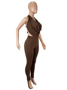 Sexy brown halter cowl neck backless top and matching drawstring leggings two-piece set