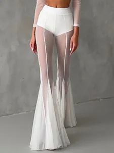Women Sexy Sheer Mesh Patchwork Flare Pants High Waist See-Through Ruched Bell Bottom Slim Fit Clubwear Party Trousers