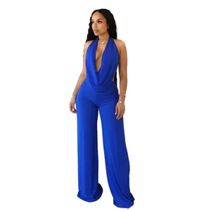 Élégant ensemble deux pièces bleu roi avec haut dos nu bénitier et pantalon large pour femme