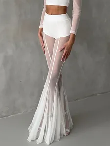 Sexy white mesh sheer flare pants and long sleeve crop top two piece set for women