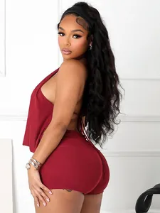 Sexy wine red halter neck backless mesh two-piece set with draped collar and shorts.