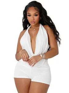 Sexy white mesh two-piece set featuring a halter cowl neck top and slim-fit shorts