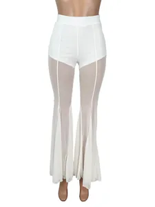 Sexy white high waisted flare pants featuring sheer mesh paneling details for women