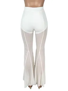 Detailed back view of white sheer mesh flare pants with stretchy high waist design.