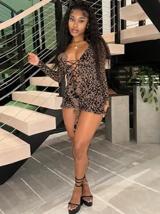 Sexy Leopard Print Mesh Long Sleeve Romper For Women Lace-Up V-Neck Slim Jumpsuit Printed Clubwear Top And Bottom