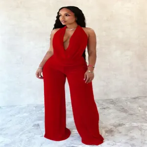 Ensemble deux pièces sexy en mesh rouge avec haut licou à col bénitier et pantalon large