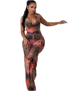 Elegant and sexy leopard and floral print halter neck jumpsuit for stylish women