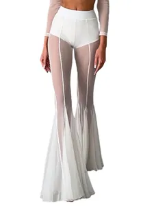 Sexy white high-waisted sheer mesh bell bottom flare pants for women's clubwear fashion
