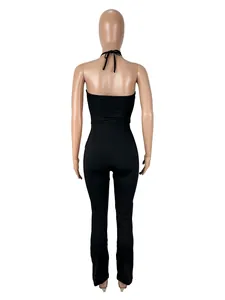 Detailed rear view of a slim-fit black backless halter jumpsuit shown on a mannequin