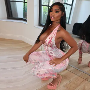 Sexy leopard print halter neck backless bodycon jumpsuit for women in pink and blue tones