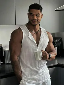 Athletic fit white ribbed tank top for men with buttoned henley collar detail