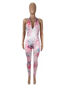 Fashionable sexy marble print halter neck jumpsuit with deep V-neckline for women