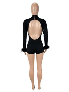 Sexy black backless long sleeve bodysuit featuring feather cuff details for women