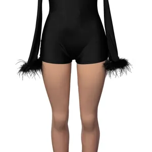 Close-up detail of a sexy black long sleeve bodysuit featuring elegant feather trim cuffs