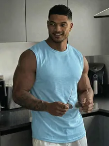 Close-up detail of light blue men's mesh athletic tank top for gym fitness and running