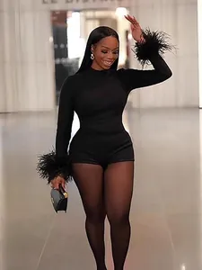 Women Sexy Round Neck Backless Bodysuit Long Sleeve Faux Feather Trim Slim Fit Knitted Romper Party Clubwear Top And Bottom