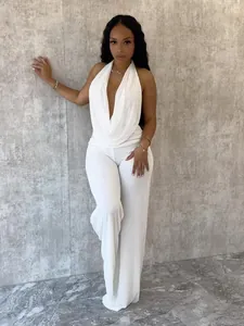 Ensemble deux pièces blanc sexy avec dos nu et pantalon large en maille pour femme
