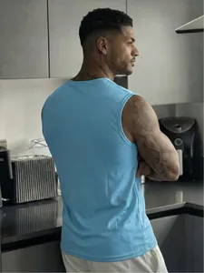 Close-up back view of light blue breathable mesh tank top for men's outdoor gym