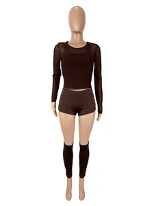 Detailansicht des sexy vierteiligen Damen-Netz-Sets in Dunkelbraun