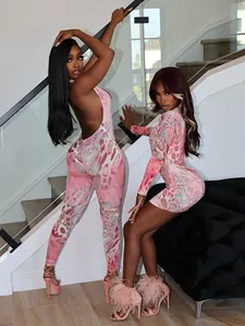 Sexy women's pink leopard print backless jumpsuit and long sleeve bodycon mini dress set