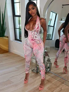 Sexy pink leopard print halter neck tight jumpsuit for women clubwear and parties