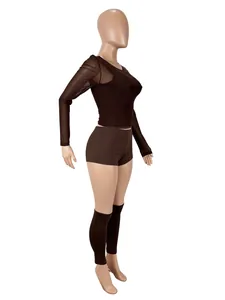 Dunkelbraunes 4-teiliges sexy Mesh-Outfit-Set mit langen Ärmeln und passenden Beinlingen