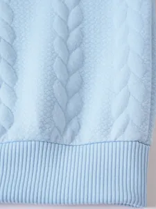 Dettaglio della trama a trecce azzurra e dell'orlo a coste del maglione da uomo