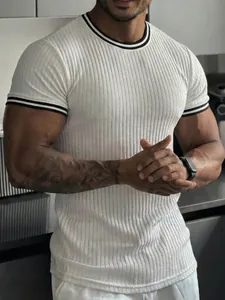 Men Athletic Slim Fit Sport T-Shirt Ribbed Knit Short Sleeve Top Striped Crew Neck Quick Dry Gym Fitness Workout Tee