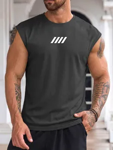 Close-up of men's dark grey breathable mesh gym tank top with white stripe print