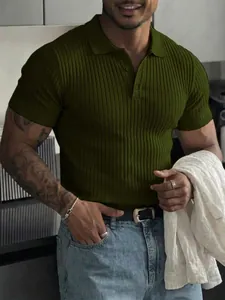 Men Slim Fit Ribbed Knit Polo Shirt Short Sleeve Muscle Fit Button Down Sporty Casual Summer Fashion Top Polyester Tee