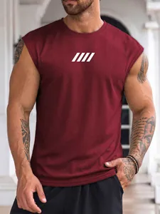 Detail shot of a maroon breathable mesh gym tank top for men with white stripe print