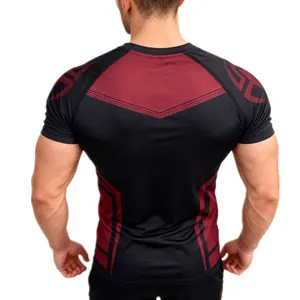 Detailed back view of YoungLA men's black and red high-elasticity compression training t-shirt