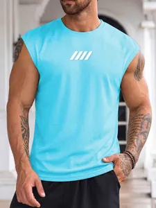 Close-up detail of a light blue breathable mesh tank top for men's fitness sports