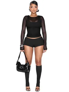 Sexy schwarzes vierteiliges Mesh-Set mit transparentem Langarmoberteil und Tanktop